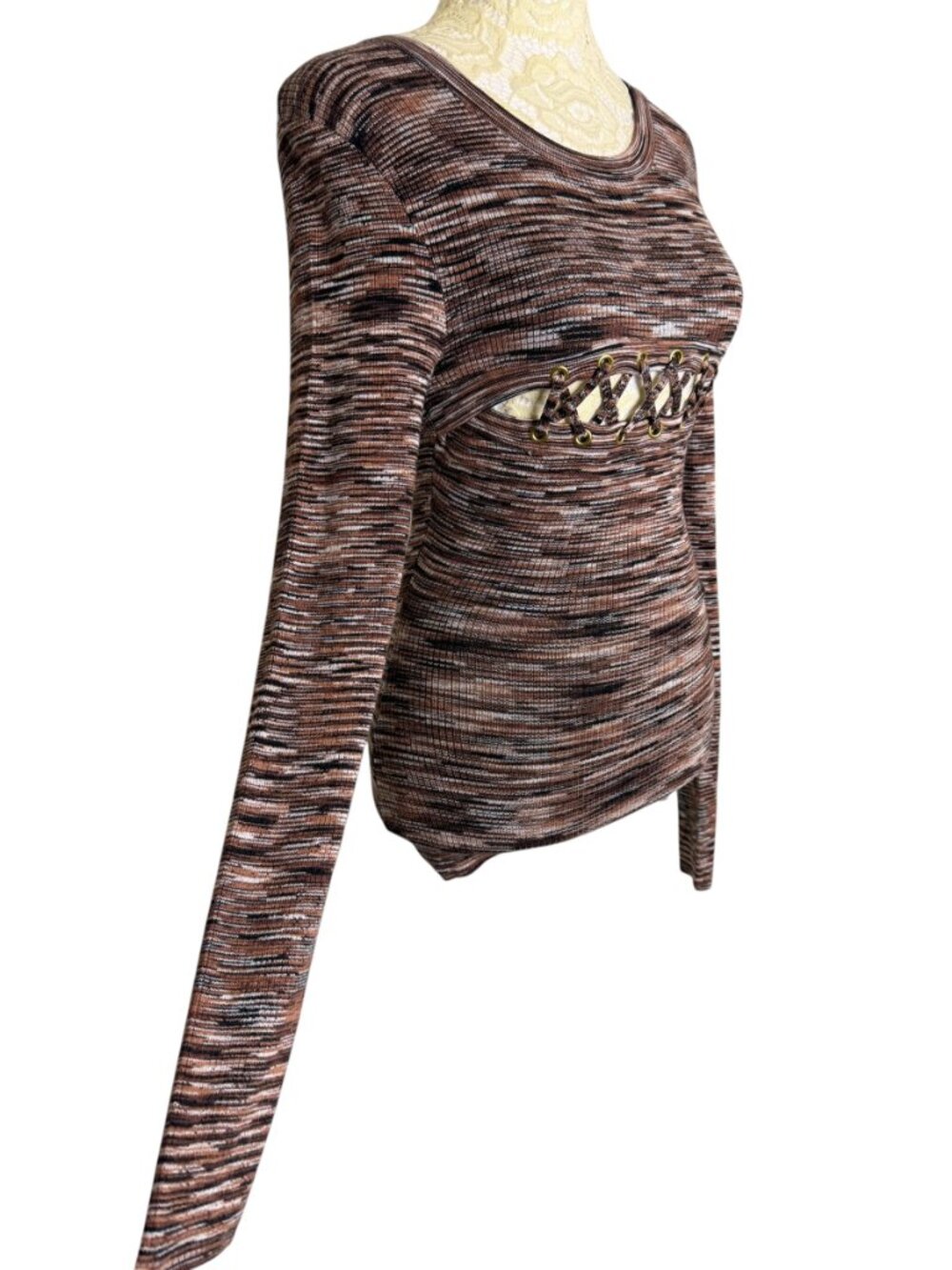 Guess Sweater Rib Knit Top Blouse Space Dye Brown Cream S NWOT - Picture 2 of 9